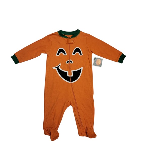 Halloween 1 Pc Pajamas Sz 3/6M Jack O Lantern Orange Green Footed Romper Unisex - Picture 1 of 5